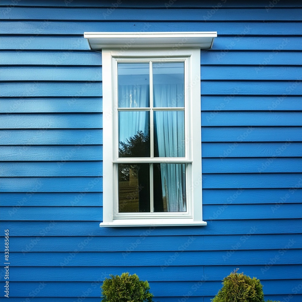 Fototapeta premium Blue vinyl siding texture and window, close-up view.