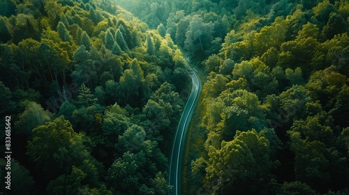 A winding road between the trees of a dense beautiful forest, a view from a drone. © nikola-master