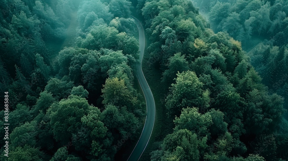 A winding road between the trees of a dense beautiful forest, a view from a drone. A winding road between the trees of a dense beautiful forest, a view from a drone.