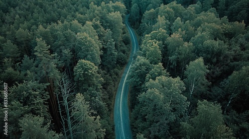 A winding road between the trees of a dense beautiful forest  a view from a drone.