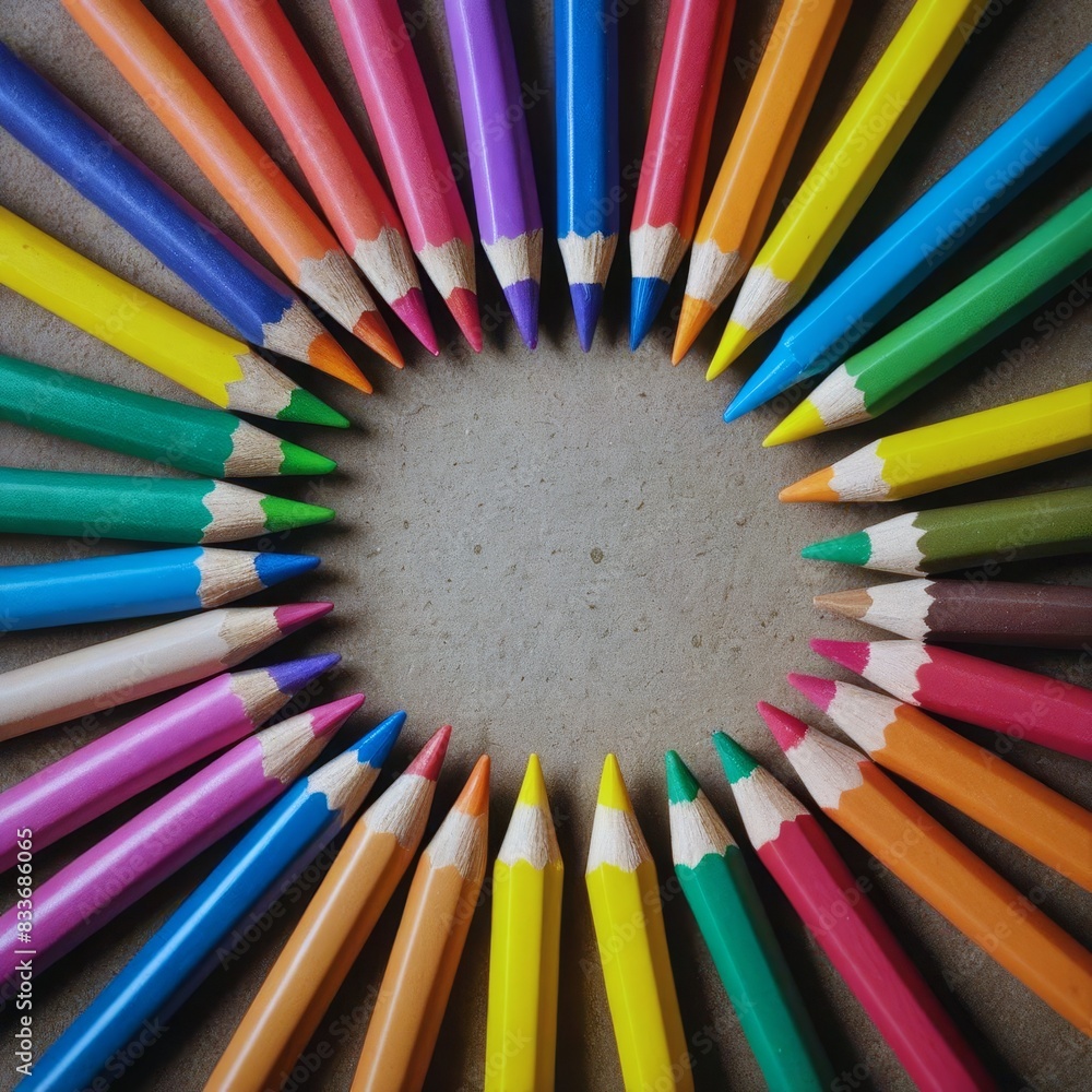 A Set of Colorful Crayons Arranged in a Circle, Captured from Above to Highlight the Vibrant Hues and Symmetrical Pattern A Set of Colorful Crayons Arranged in a Circle, Captured from Above to Highlight the Vibrant Hues and Symmetrical Pattern