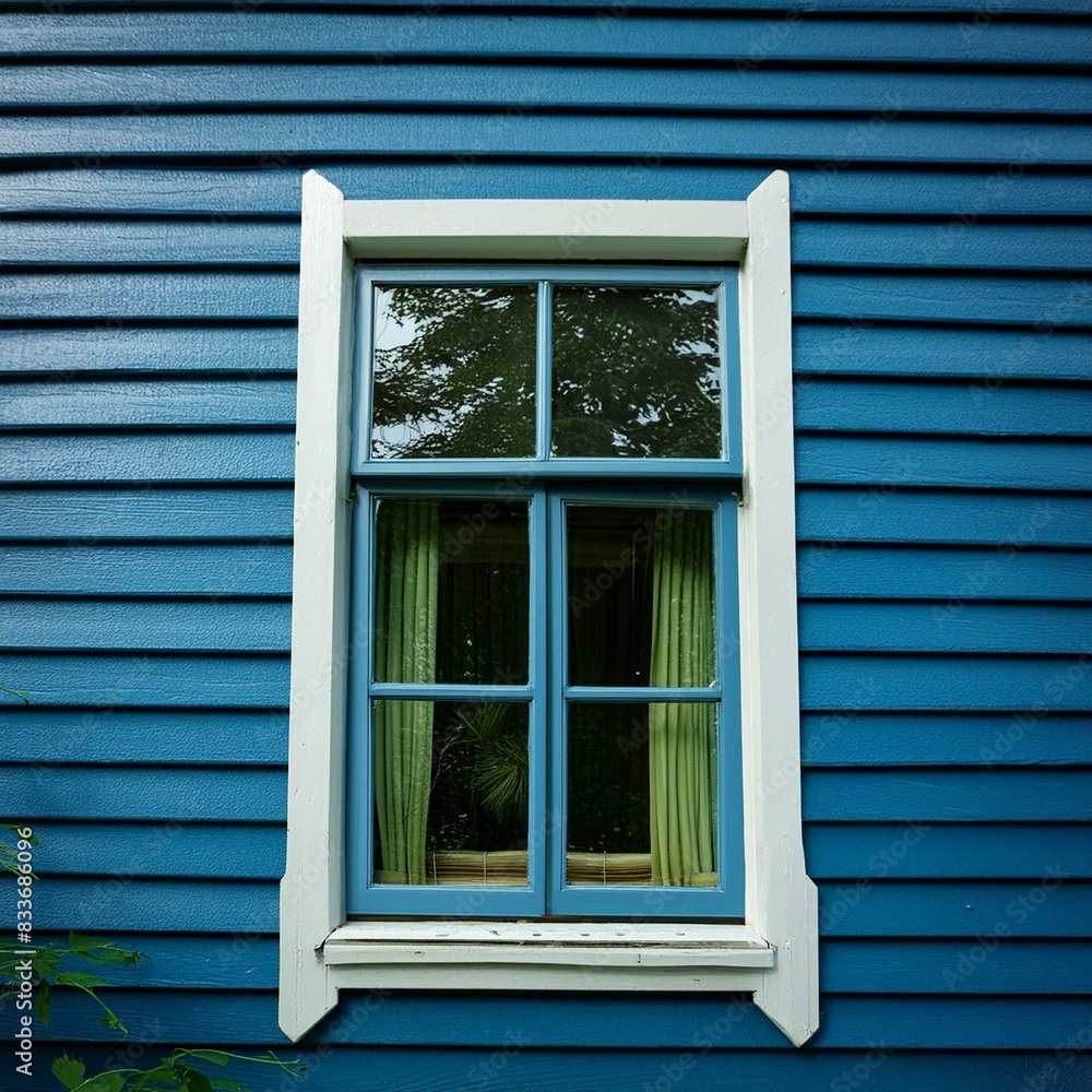 Fototapeta premium Blue vinyl siding texture and window, close-up view.