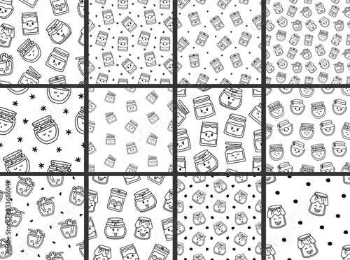 Cute kawaii honey jar. Seamless pattern. Coloring Page. Glass pot character. Hand drawn style. Vector drawing. Collection of design ornaments.