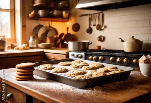 baking cookies warm inviting kitchen homey atmosphere, cozy, delicious, sweet, aroma, homemade, preparation, ingredients, countertop, utensils, recipe, oven