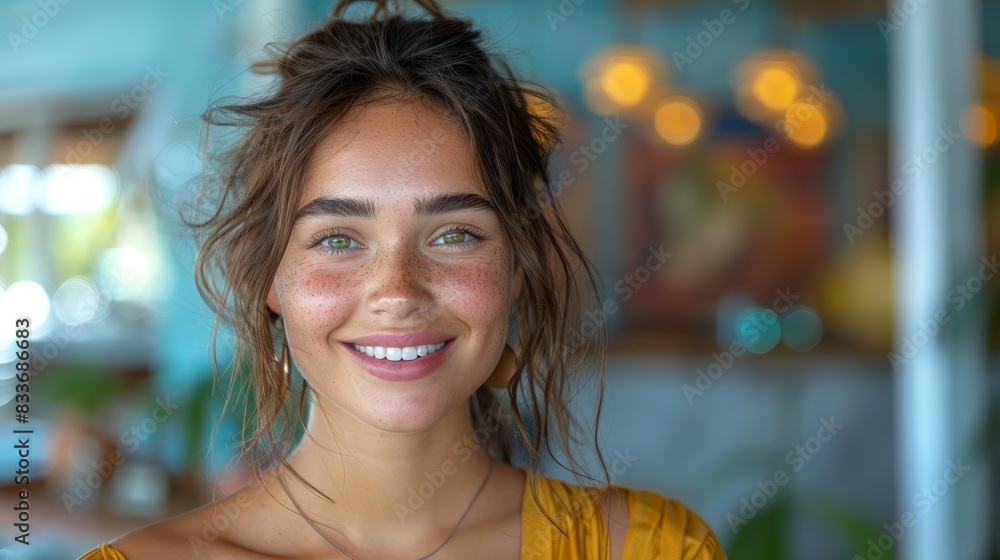 custom made wallpaper toronto digitalPortrait of a beautiful girl with a joyful expression, her face beaming with a cheerful smile that reflects happiness and contentment.