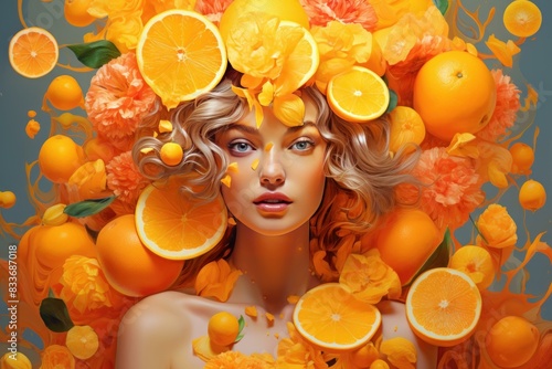 Artistic portrait of a woman surrounded by vibrant oranges and yellow blossoms photo