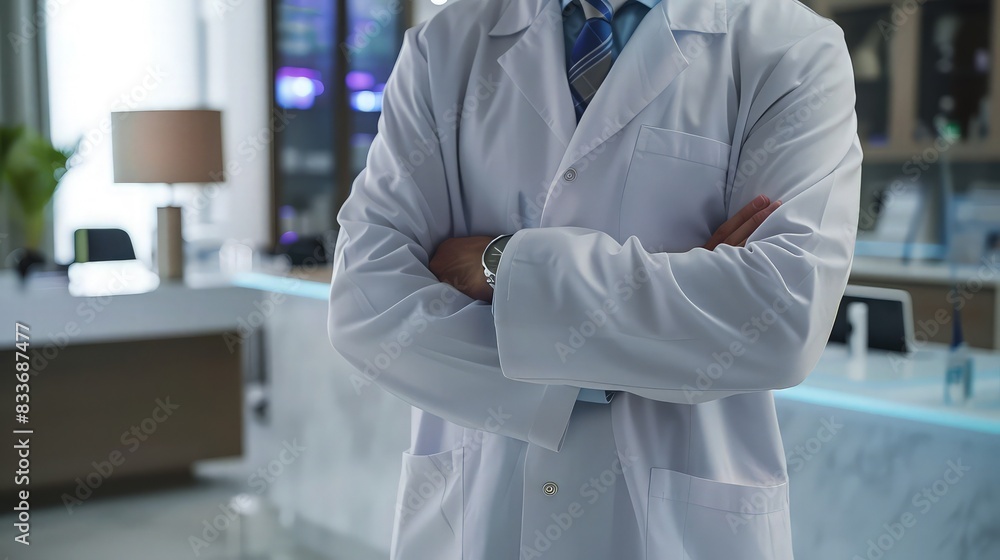 Modern healthcare expert lab coat standing in luxury clinic. Modern healthcare expert lab coat standing in luxury clinic.