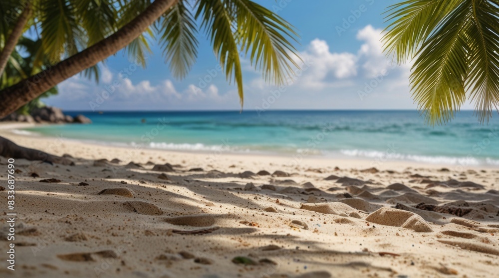 Panorama of blurred blue sky and leaves of coconut palm tree on white beach. Landscape of tropical summer. Summer beach vacation concept. Panorama of blurred blue sky and leaves of coconut palm tree on white beach. Landscape of tropical summer. Summer beach vacation concept.