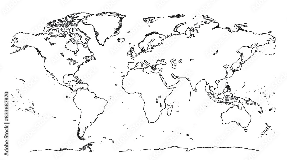 Minimalist Outline Drawing of a World Map - Detailed Cartographic for Customization and Education Minimalist Outline Drawing of a World Map - Detailed Cartographic for Customization and Education