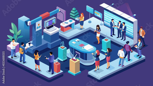 businessmen walking between two trade fair stands. 