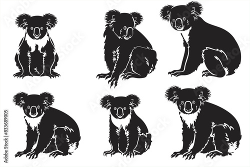 Black silhouettes of koala in different poses on a white background. Koala Bear. collection of koala bear silhouette. koala bear silhouette. 