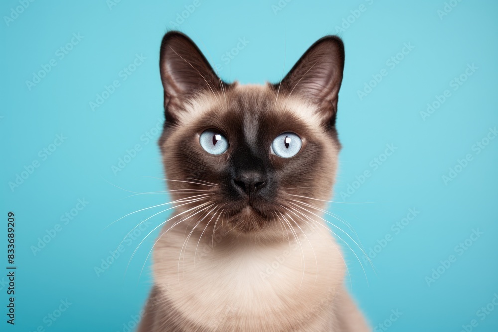 Portrait of a cute siamese cat isolated in pastel teal background