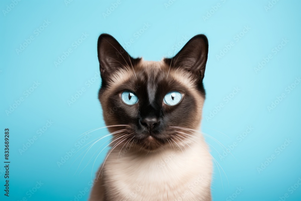 Portrait of a cute siamese cat while standing against pastel teal background Portrait of a cute siamese cat while standing against pastel teal background