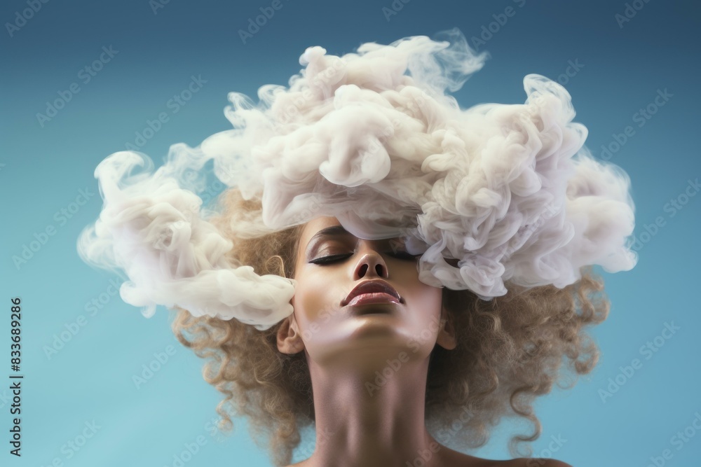 Artistic image of a woman with smoky cloud-like hair on a blue background