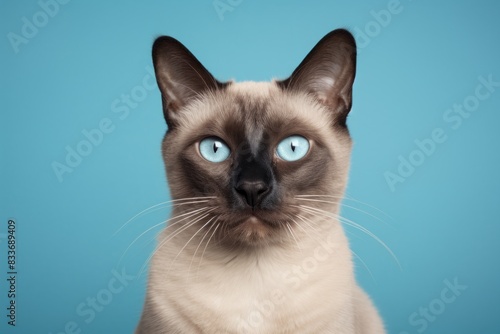 Portrait of a cute siamese cat in pastel teal background