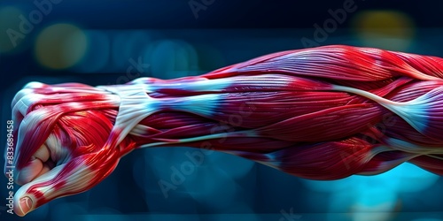 Detailed image of human arm muscles showing red and white tissue. Concept Anatomy, Human body, Arm muscles, Red tissue, White tissue photo