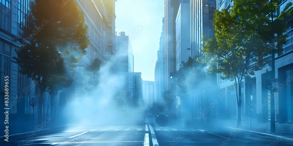 Cityscape with deserted urban street showing impact of pollution on air quality. Concept Urban Pollution, Environmental Impact, Cityscape Photography, Air Quality, Documentary Style