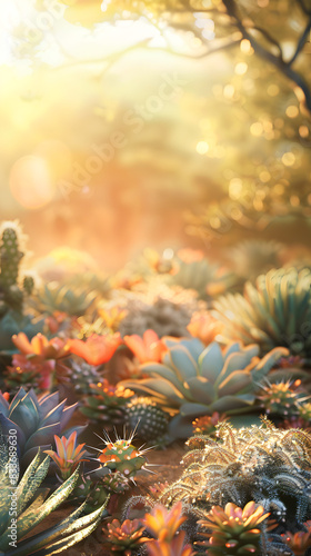 A field of colorful cacti and flowers with a bright sun shining on them © tracy
