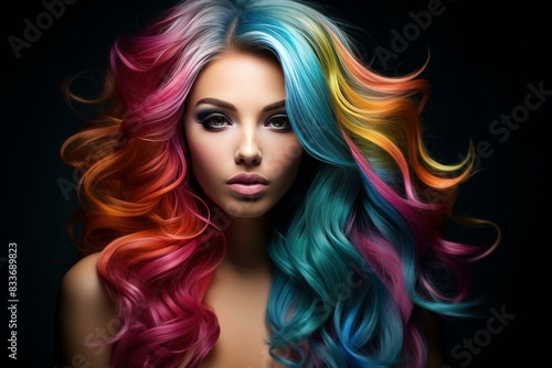 Wallpaper Mural Stunning young woman showcases her glossy, multicolored rainbow hair against a dark backdrop Torontodigital.ca