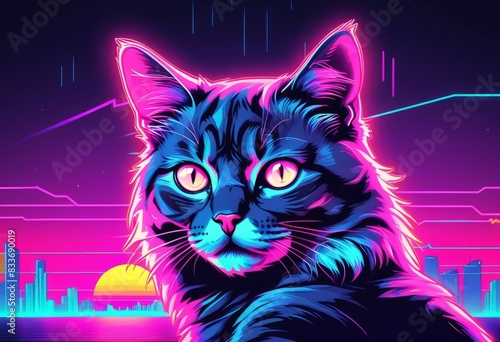drawing the face of a striped cat in retrowave style