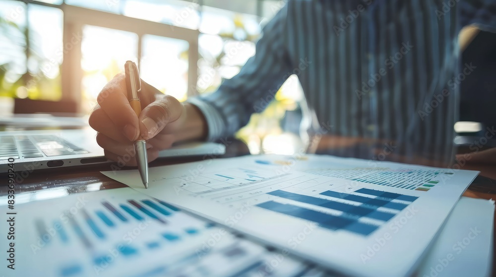 A businessman is writing on a piece of paper with a pen, Focused on his work. Concept of professional working on a project or report A businessman is writing on a piece of paper with a pen, Focused on his work. Concept of professional working on a project or report