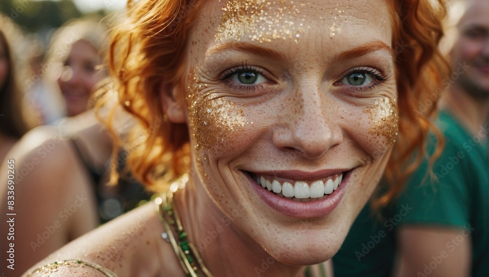 Portrait of a red-haired woman with glitter makeup and freckles, beaming a wide smile in a lively outdoor setting, surrounded by a cheerful crowd. Portrait of a red-haired woman with glitter makeup and freckles, beaming a wide smile in a lively outdoor setting, surrounded by a cheerful crowd.