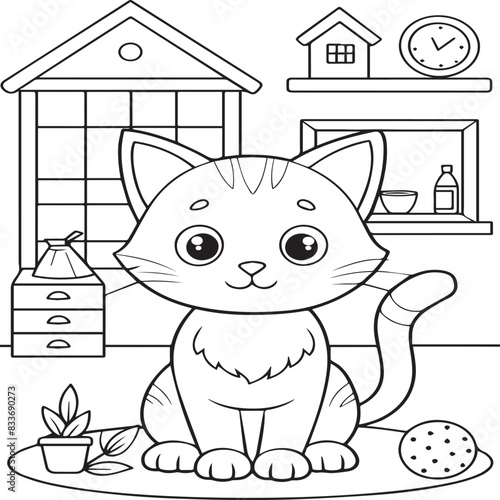 In the foreground a single baby cat in home. Cat in home coloring pages for children