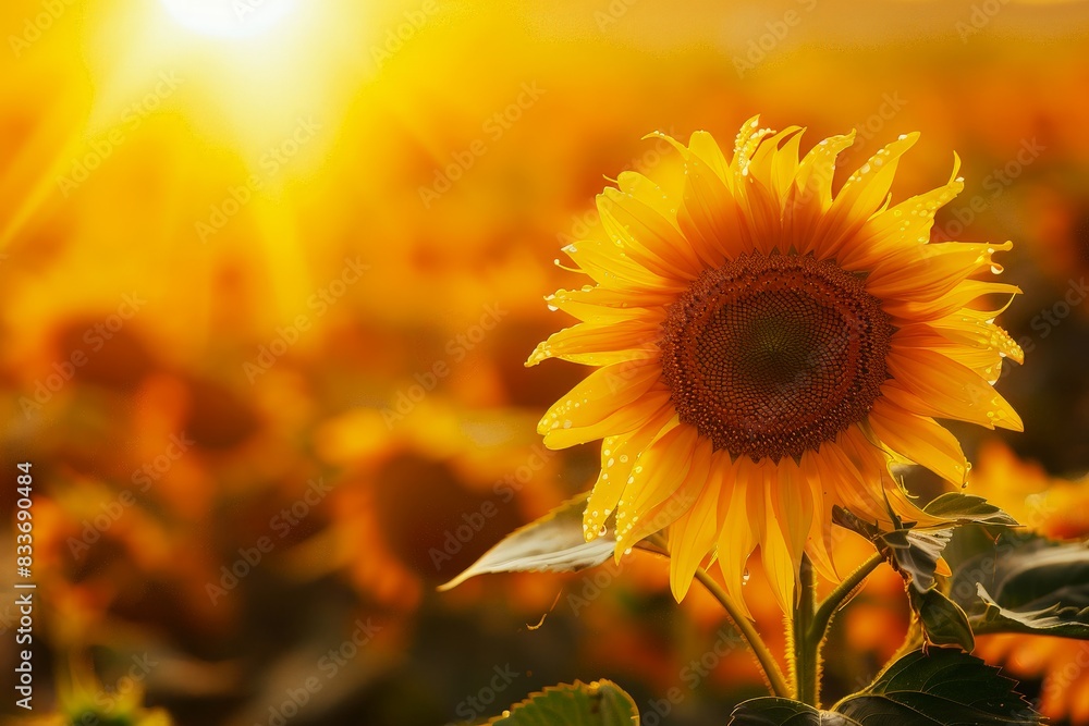 Fototapeta premium Sunflower in the sun, with vibrant yellow petals against a warm golden sunset background, symbolizing hope and positivity
