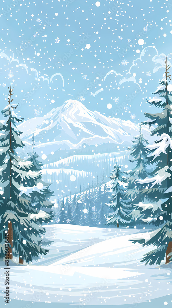 Obraz premium Winter landscape with white pine trees on snow vector image