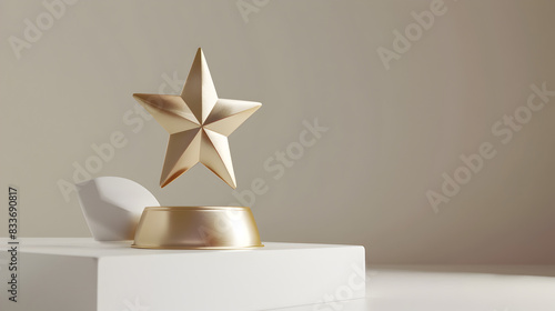 A gold star is suspended in midair above a white pedestal. The star is the centerpiece of the image, and the pedestal serves as a base for it. Concept of achievement and recognition