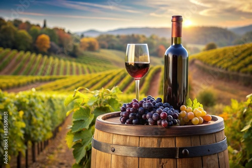 A bottle of red wine and a bunch of ripe grapes on a wooden oak barrel against the background of a vineyard.