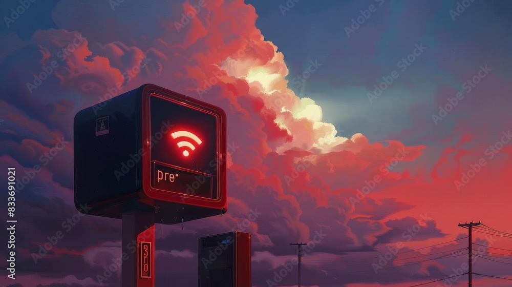 Naklejka premium Coral sky illustrating a 3D mailbox from which letters flow up to a WiFi icon, in a minimalist flat design for themes of wireless communication