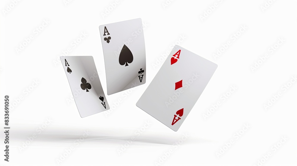 Flying playing card for poker and gambling, three aces isolated on white, clipping path Flying playing card for poker and gambling, three aces isolated on white, clipping path