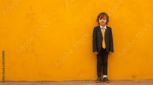 Com ar de sofisticação, a modelo infantil fica encostada em uma parede amarela vibrante, vestida impecavelmente em traje executivo e penteado impecável.