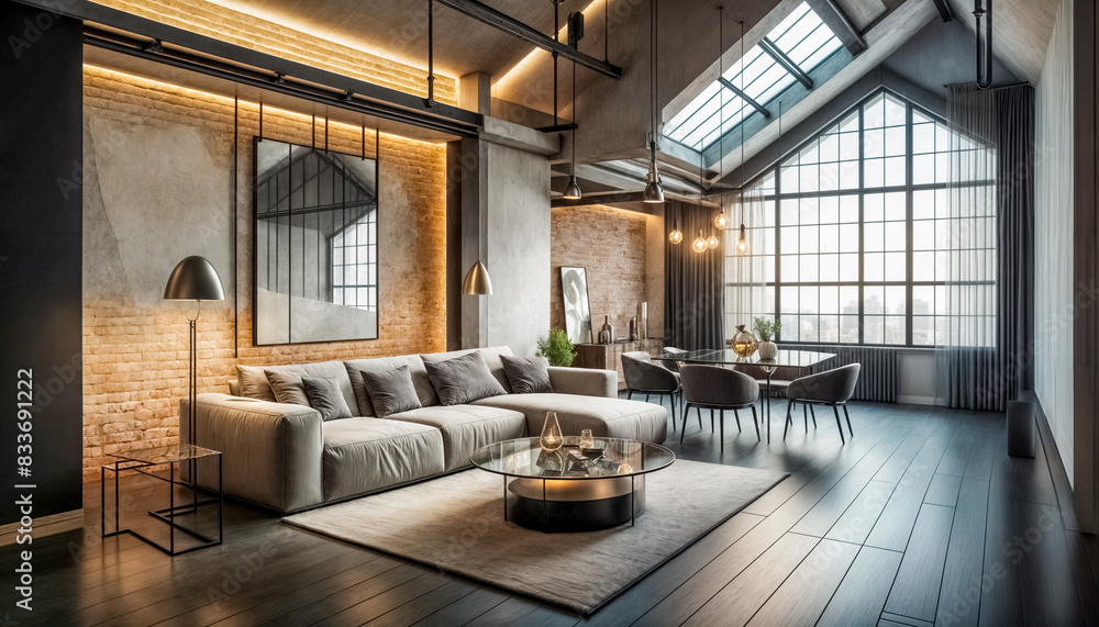 A contemporary living room with an industrial style, blending modern furniture with an exposed brick aesthetic