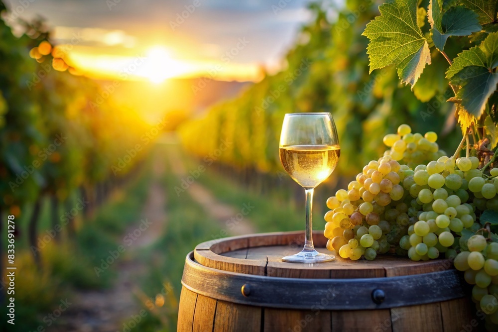 A glass of white wine and a bunch of ripe grapes on a wooden oak barrel against the background of a vineyard.