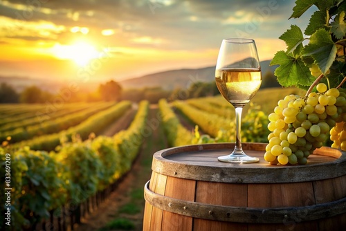A glass of white wine and a bunch of ripe grapes on a wooden oak barrel against the background of a vineyard.