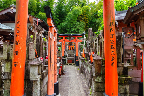 Photography Red doors at Fushimi Inari Shrine Temple sacred place of worship.