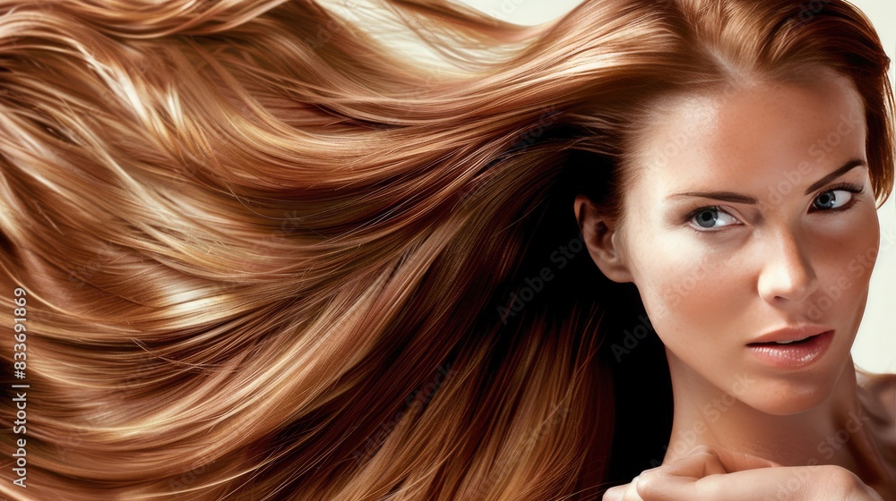 Obraz premium a beautiful woman with long, flowing blonde hair and flawless makeup in the foreground, showcasing the transformative effects of professional color rendering for blondes and brunettes' hair