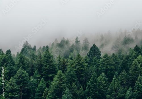 Serene Misty Morning in Enchanted Forest - Wide Shot with Muted Green and Grey Tones   Unsplash Style Photography © Pimon