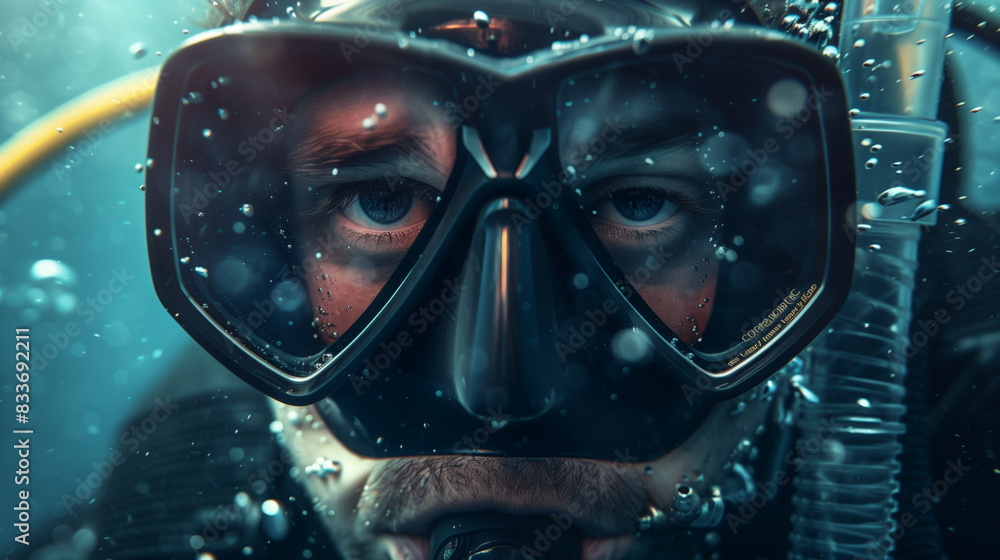 close portraait of a scuba driver under the water close portraait of a scuba driver under the water