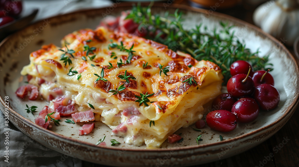 egg potato ham and cheese casarole bakeing pot meal with Grapes, Thyme egg potato ham and cheese casarole bakeing pot meal with Grapes, Thyme