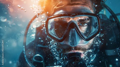 close portraait of a scuba driver under the water © Erzsbet