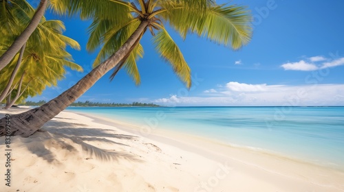 Tropical Paradise Beach with Palm Trees and Clear Blue Sky