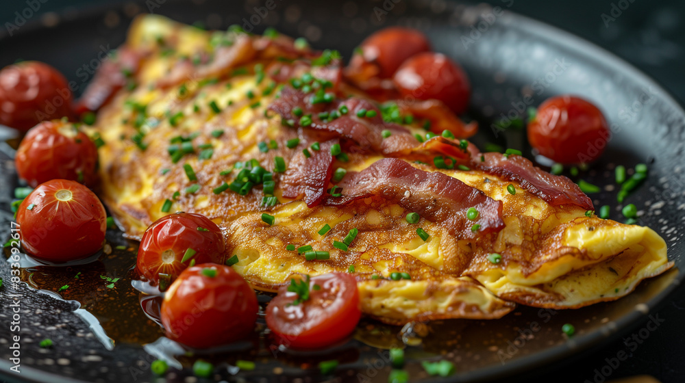 eggs omlette with ham and tomato topping in a brunch restaurant eggs omlette with ham and tomato topping in a brunch restaurant