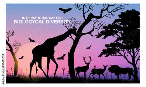 International Day for Biological Diversity creative theme vector design. Plants, animal silhouettes on background..