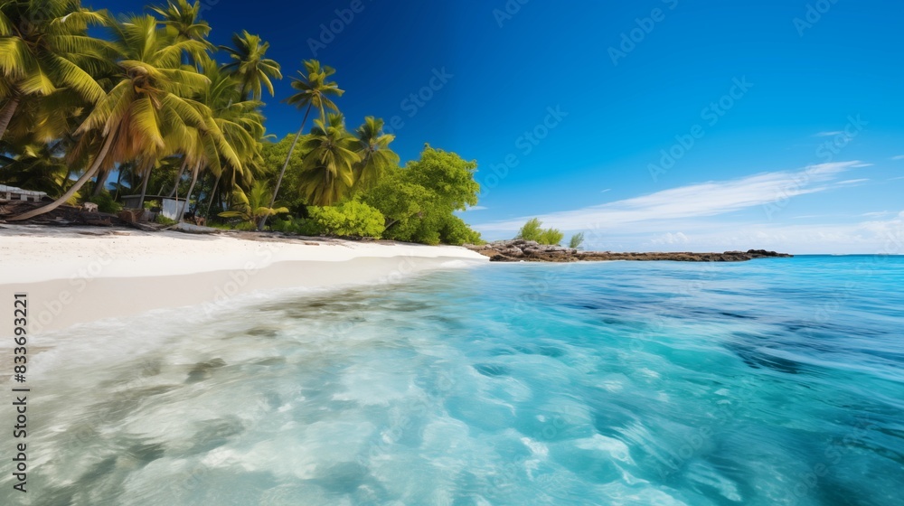 Fototapeta premium Scenic Tropical Beach with Clear Blue Water and Palm Trees on a Sunny Day