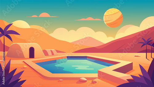 A serene desert oasis complete with a tranquil pool and warm sunlight allowing you to disconnect and recharge in a digitalfree space.. Vector illustration
