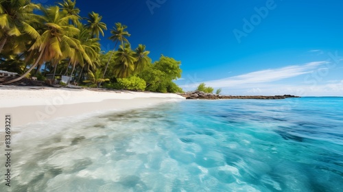 Scenic Tropical Beach with Clear Blue Water and Palm Trees on a Sunny Day