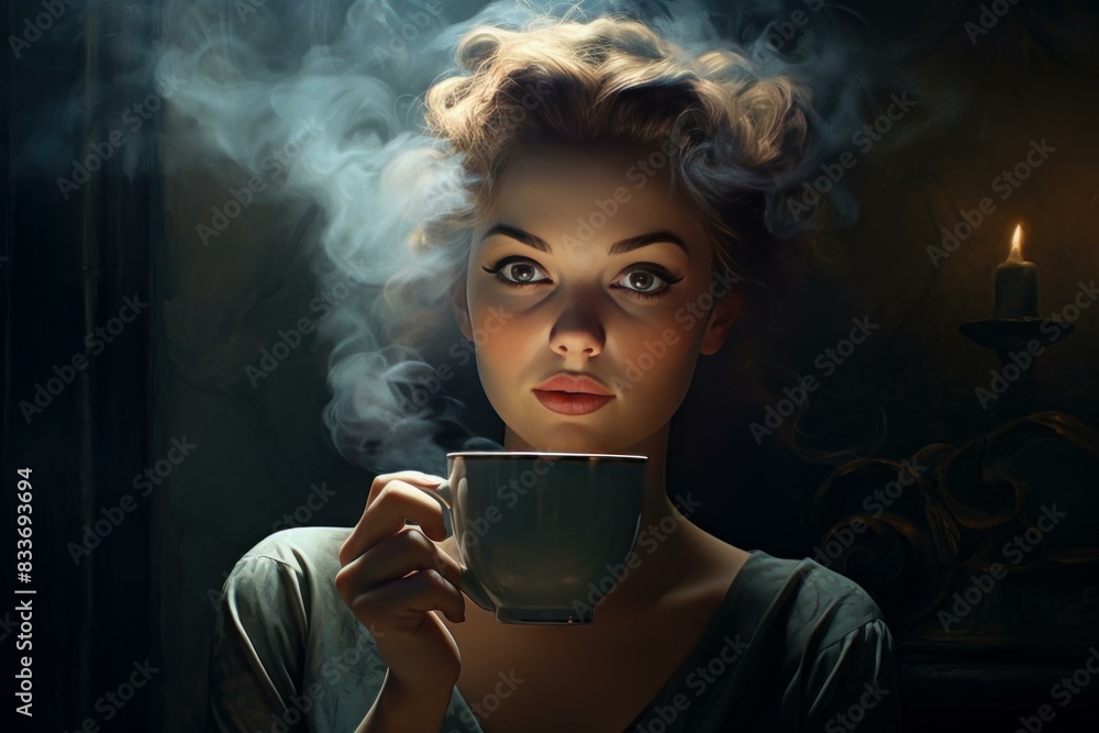 Captivating portrait of a woman with a steaming cup, illuminated by the soft glow of candlelight Captivating portrait of a woman with a steaming cup, illuminated by the soft glow of candlelight
